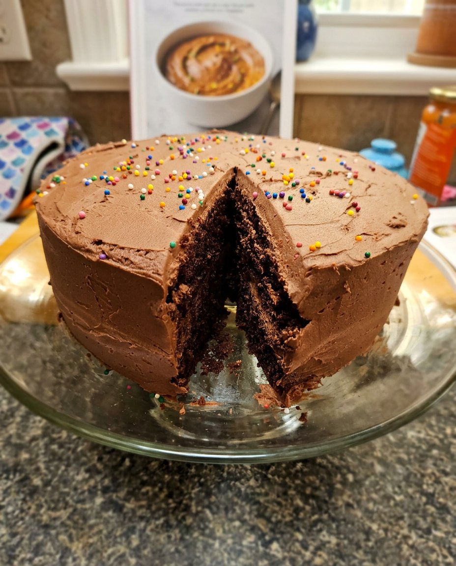 Homemade Chocolate Cake 14 Two layers of chocolate cake with thick frosting on a designer cake stand