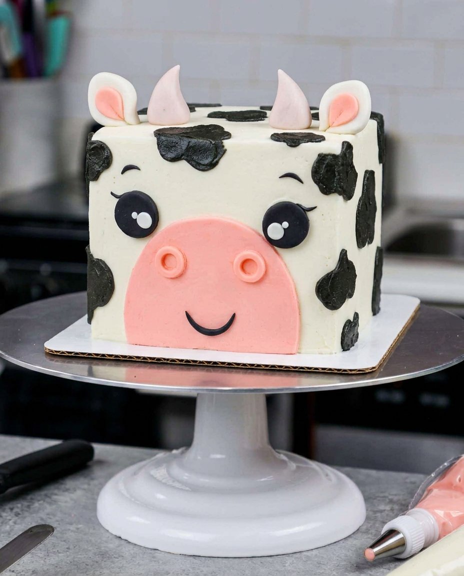 A slice of cow cake on a white plate showing the distinct vanilla and chocolate marble pattern inside.