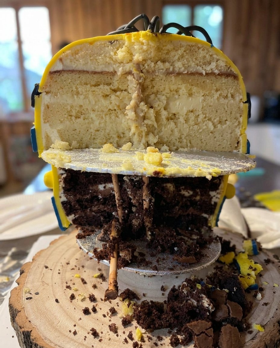 Piping chocolate details onto a yellow cake