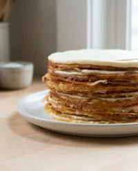 A tall stack of thin chocolate crepes with cream layers