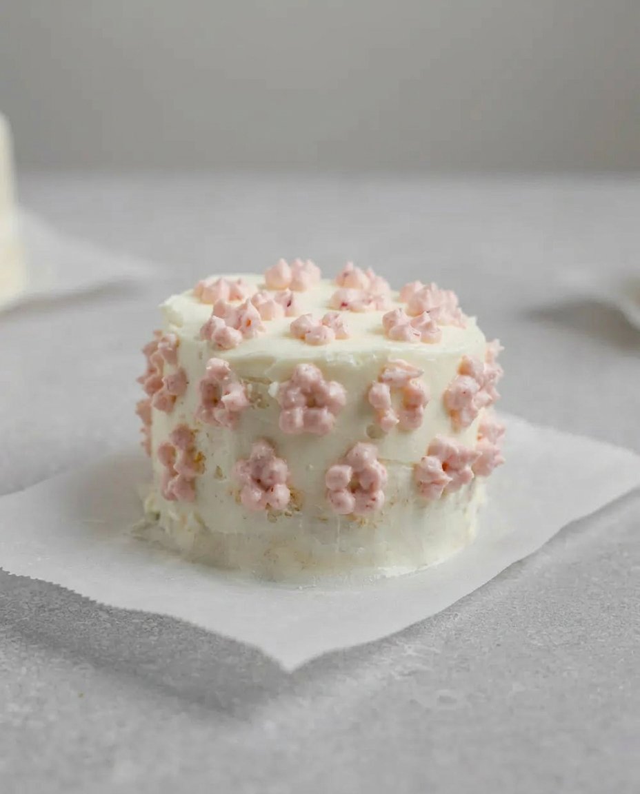 A close up of a small vanilla lunch box cake with smooth whipped cream frosting on a parchment square