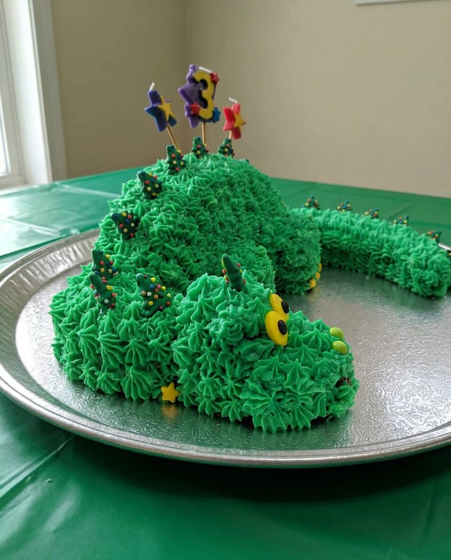 Slices of chocolate dino cake on plates at a birthday party.