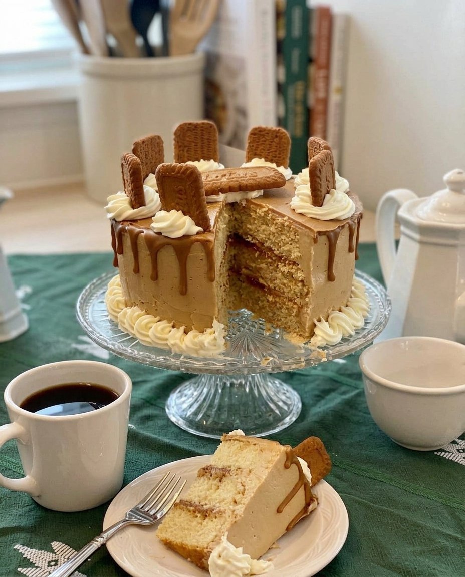 A close up of two golden Biscoff cake layers cooling on a wire rack