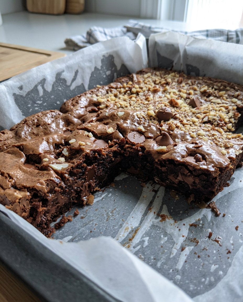 A square of brownie cake served on a white plate with a sprig of mint and a dust of cocoa