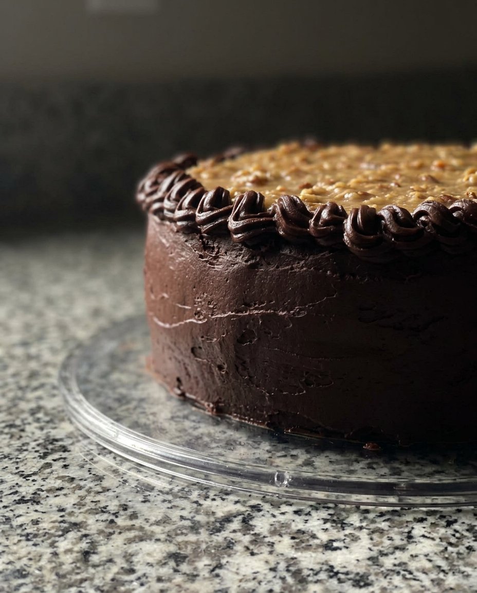 A rich chocolate cake topped with slender lit candles in a dimly lit setting
