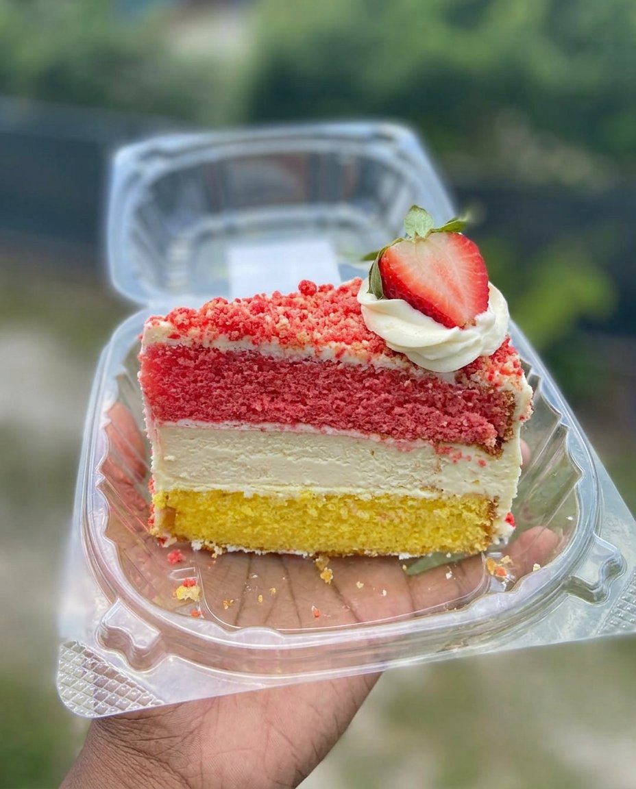 A perfectly cut carrot cake slice with cream cheese frosting on a white porcelain plate