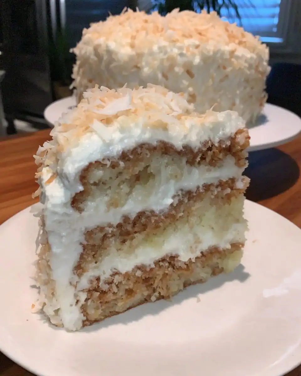 A finished coconut cake covered in shredded coconut on a glass pedestal