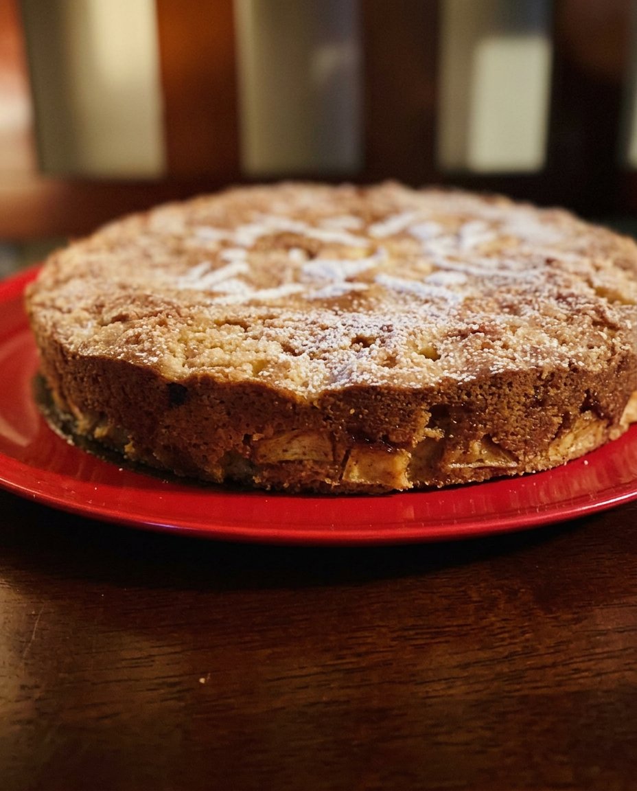 A golden brown French apple cake with a sugary crust sitting on a white ceramic cake stand