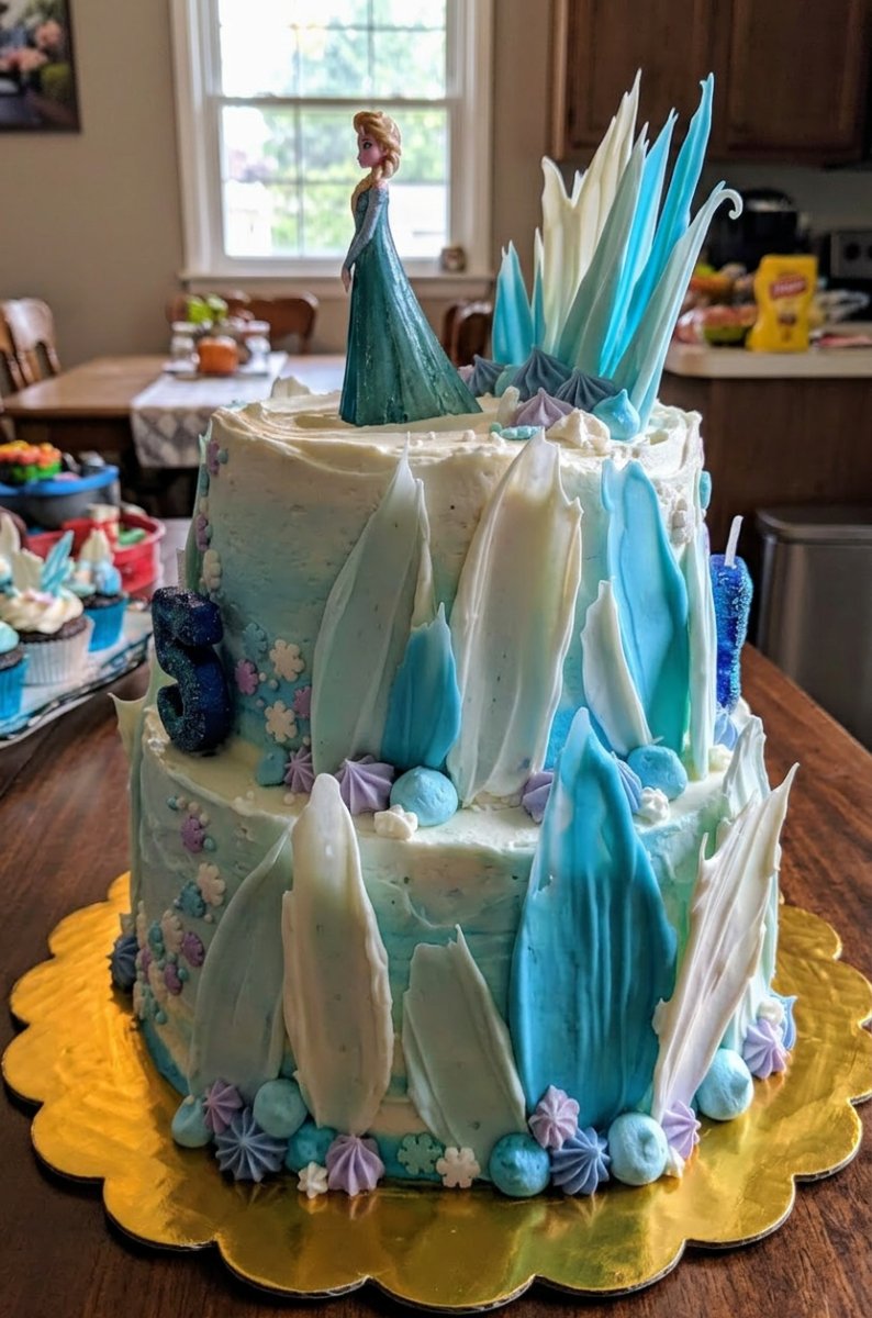 A beautifully decorated two-tier Frozen themed cake with a sugar castle and fondant characters.