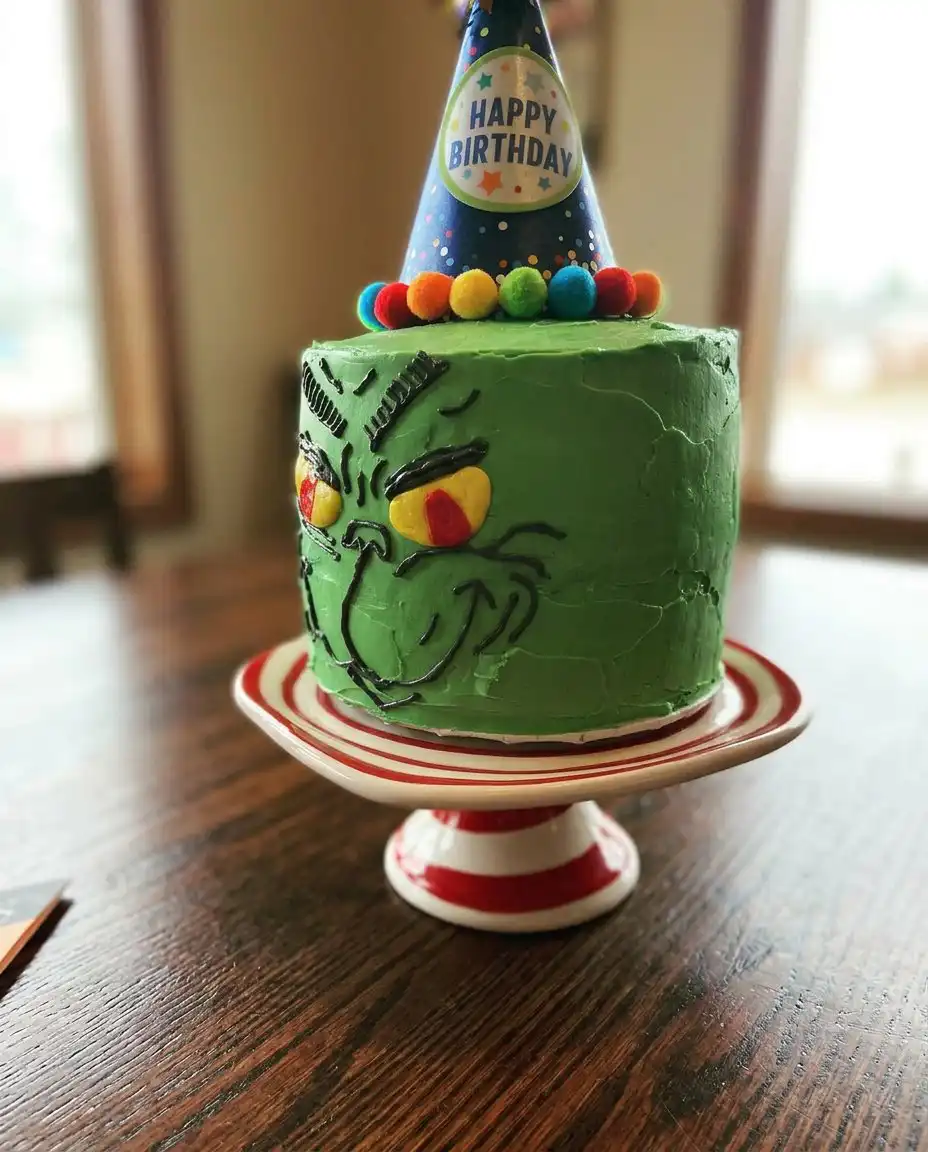 The finished Grinch Cake decorated with fondant on a white cake stand