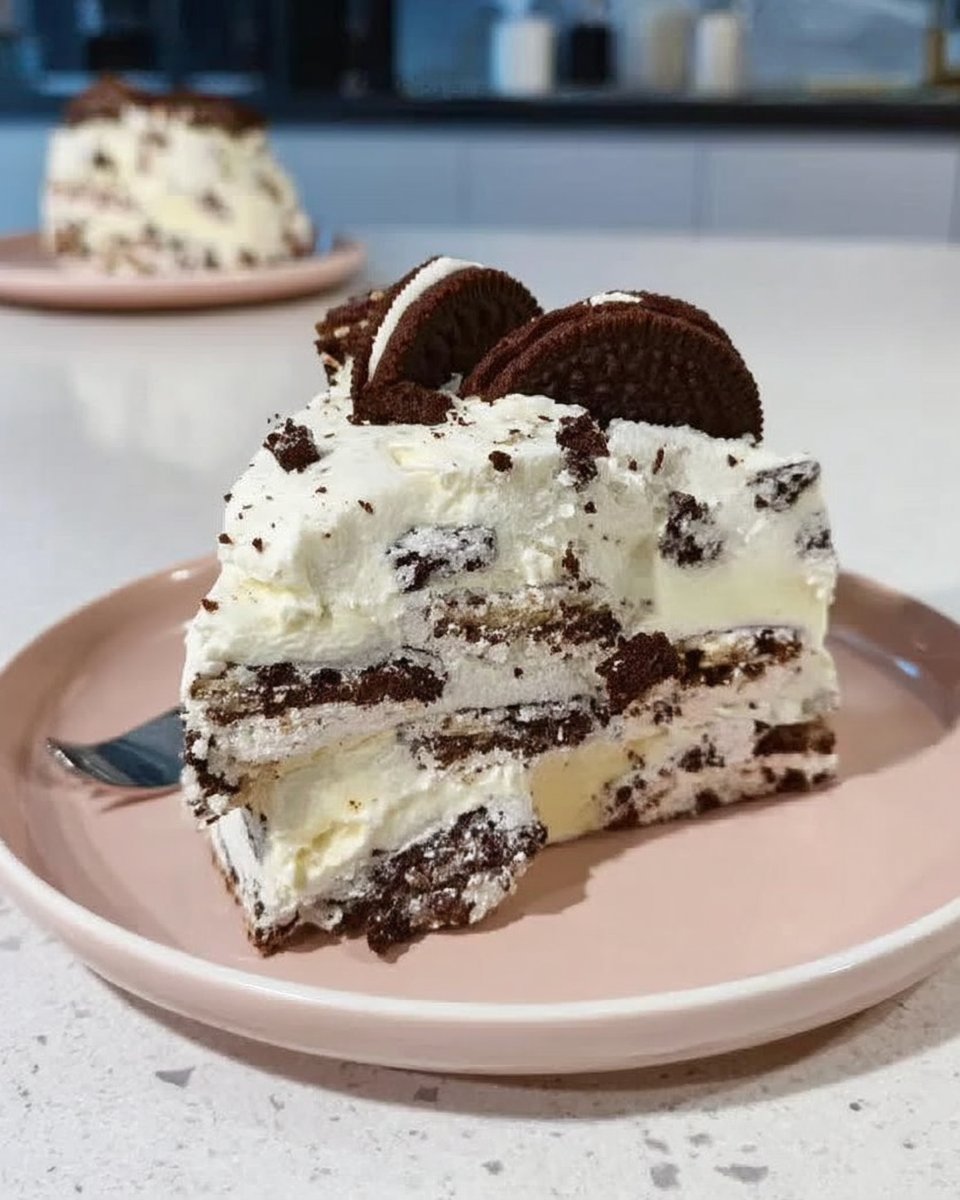 A close up shot of a slice of Oreo Icebox Cake showing perfect black and white layers