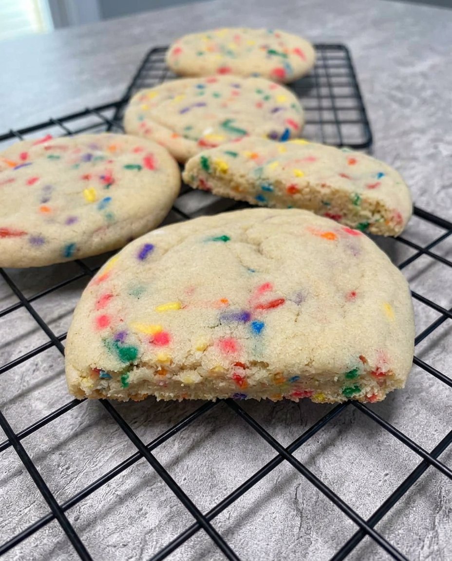 Cake Mix Cookies 14 A stack of cookies served on a white plate next to a cup of hot tea