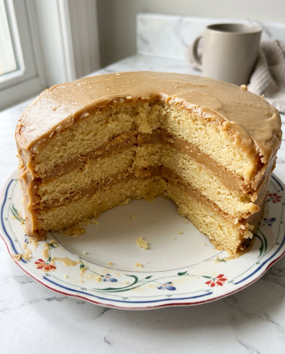 A clean slice of caramel cake on a white china plate with a fork