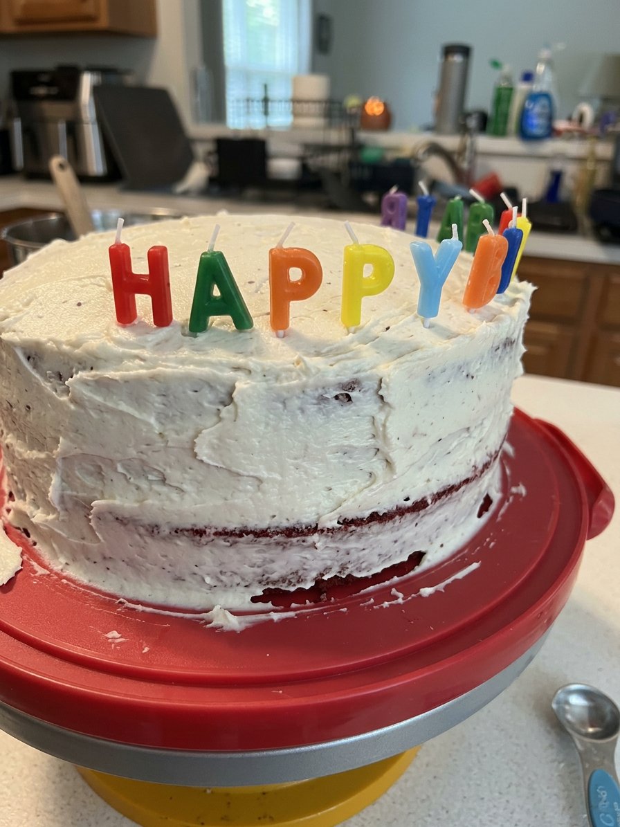 Red Cake 14 A single slice of red cake on a white plate with a fork and a cup of tea