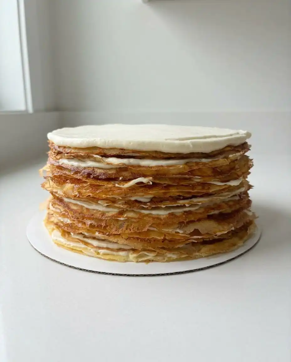 A single slice of crepe cake showing multiple internal layers