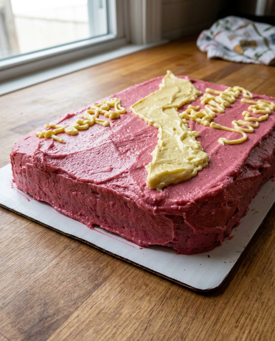 Three layers of sprinkle-studded birthday cake cooling on a wire rack