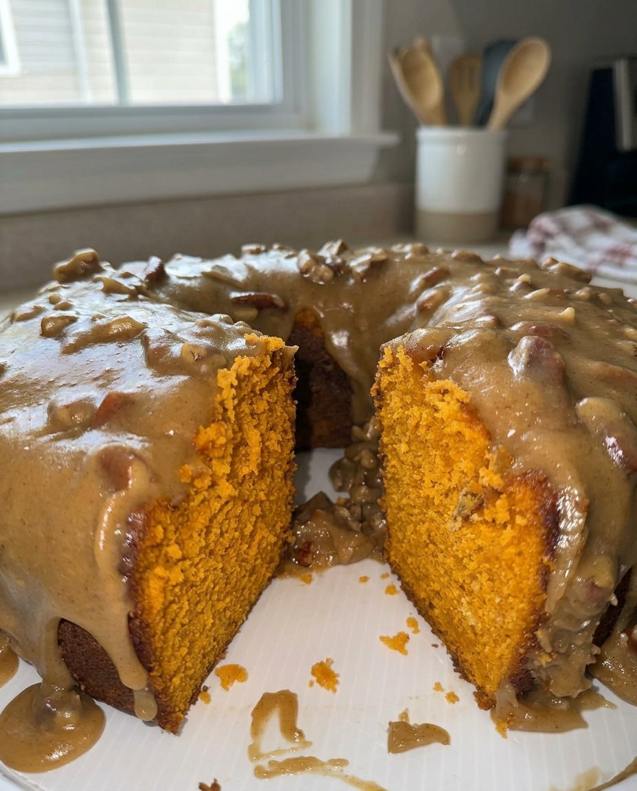 A whole sweet potato cake with a golden caramelized surface on a marble stand