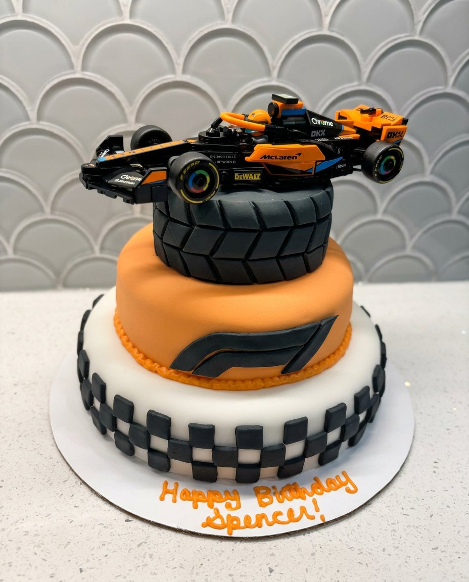 A completed F1 cake with bright orange icing and liquorice tires on a racing track board