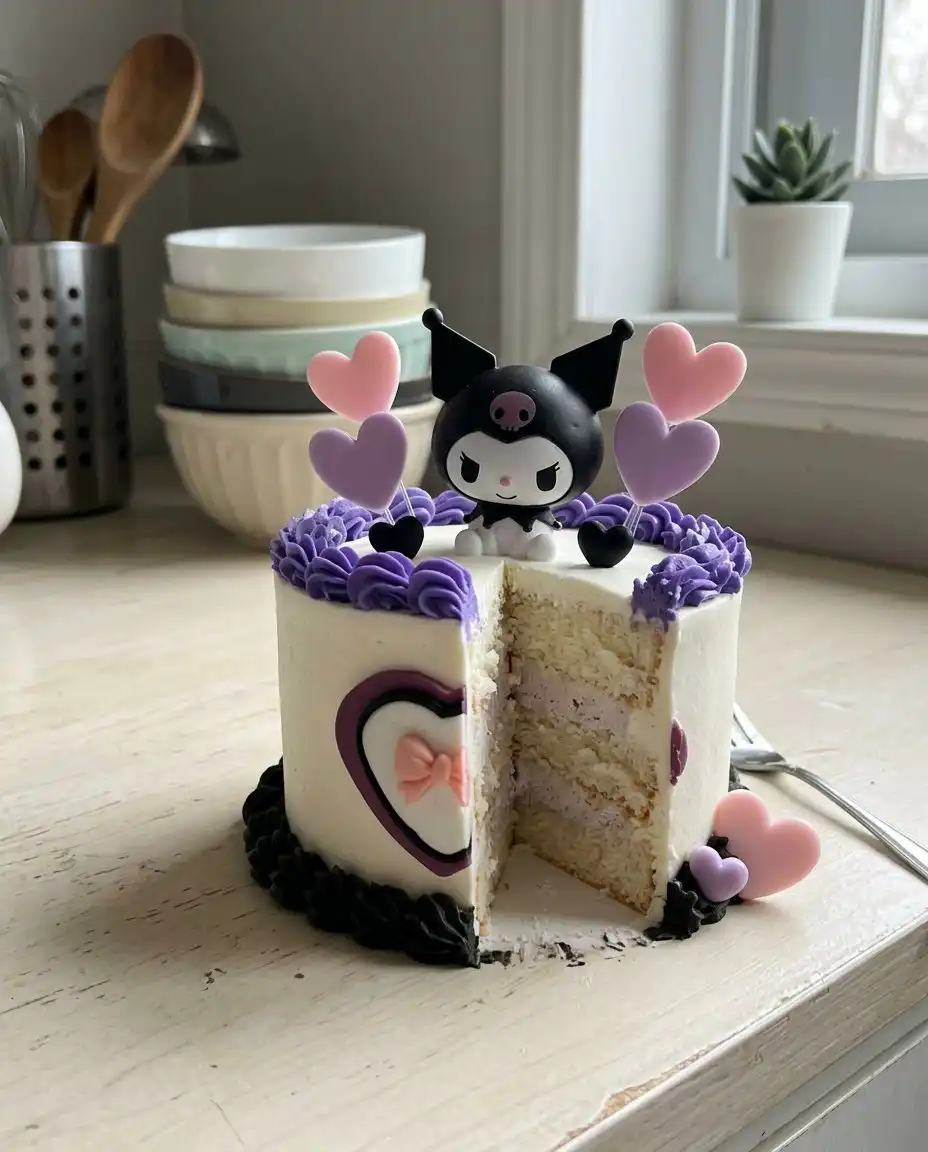 A sliced piece of Kuromi cake showing the light sponge layers and purple filling.