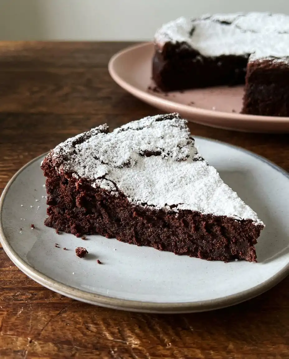 Flourless chocolate cake being dusted with powdered sugar through a fine mesh sieve