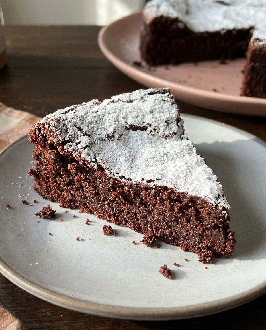 A close up view of a sliced flourless chocolate cake showing a dense fudgy center and a crackly top