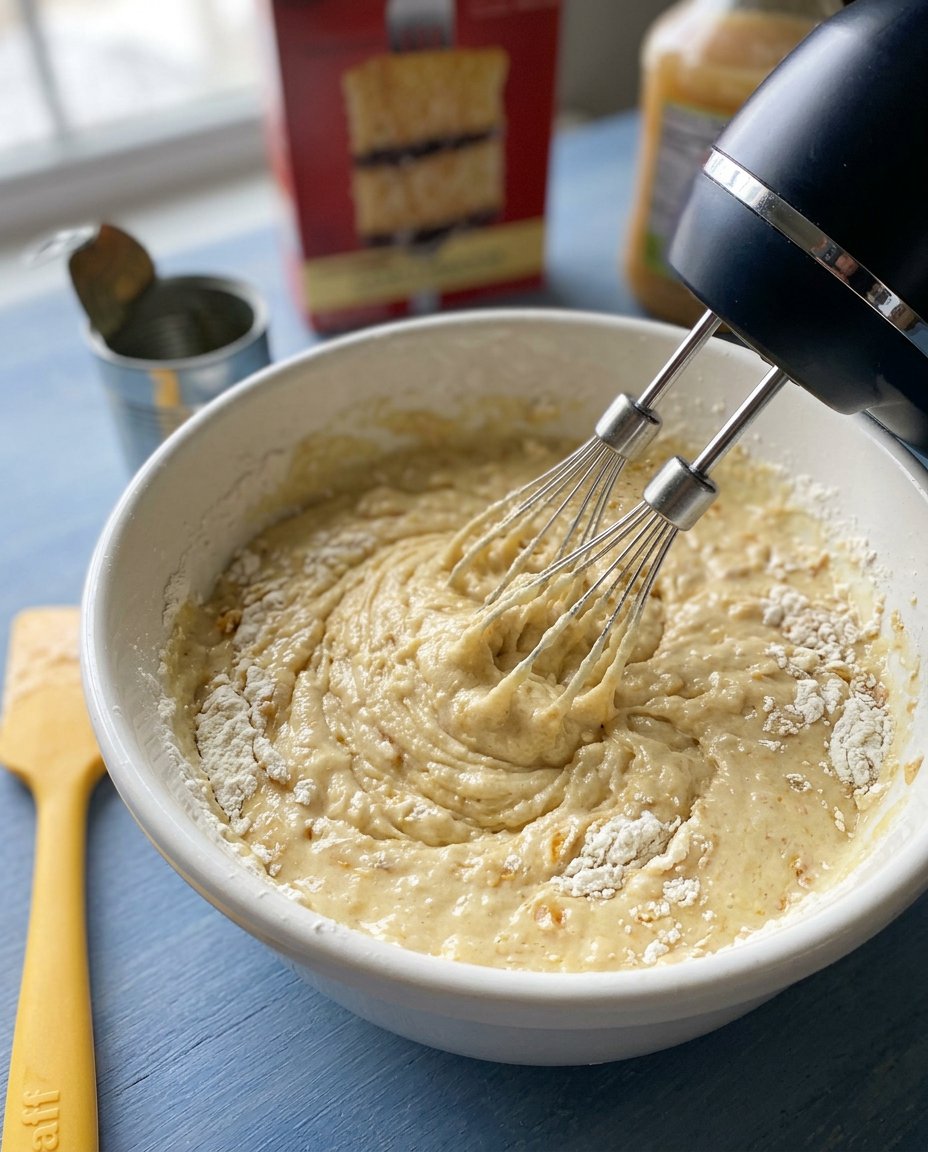 Cake Minimal 13 A silicone spatula folding whipped topping into a pineapple pudding mixture.