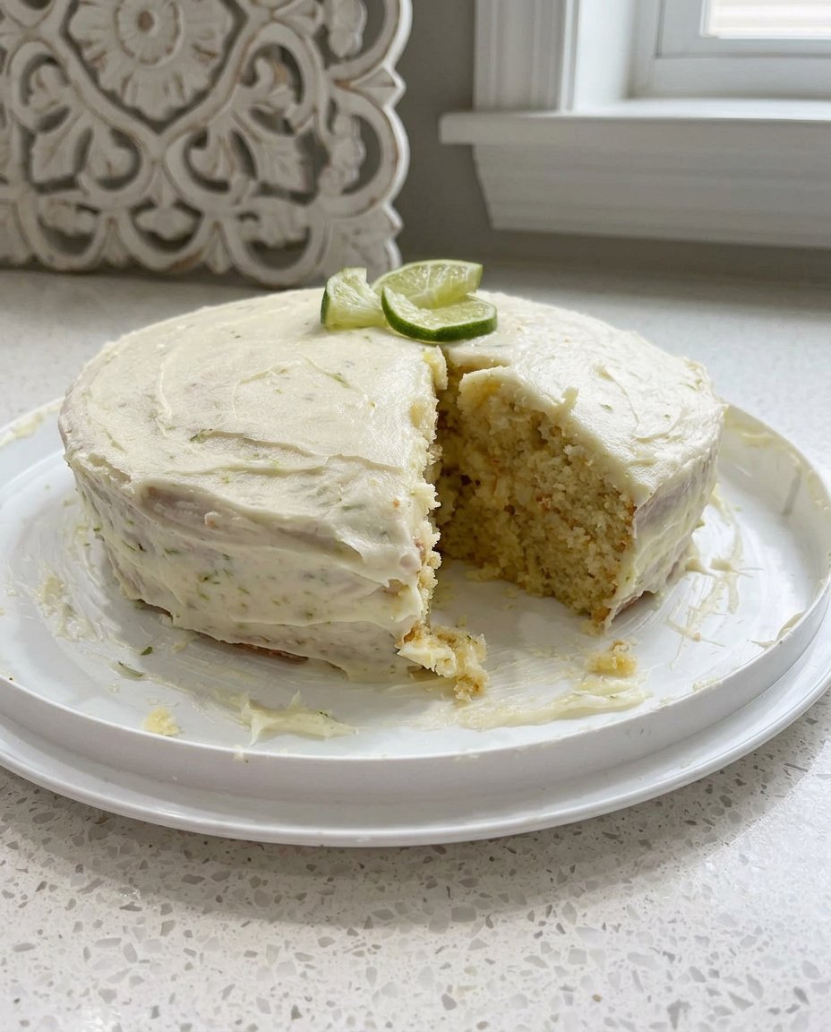 A close up of vibrant key lime cake batter in a glass bowl