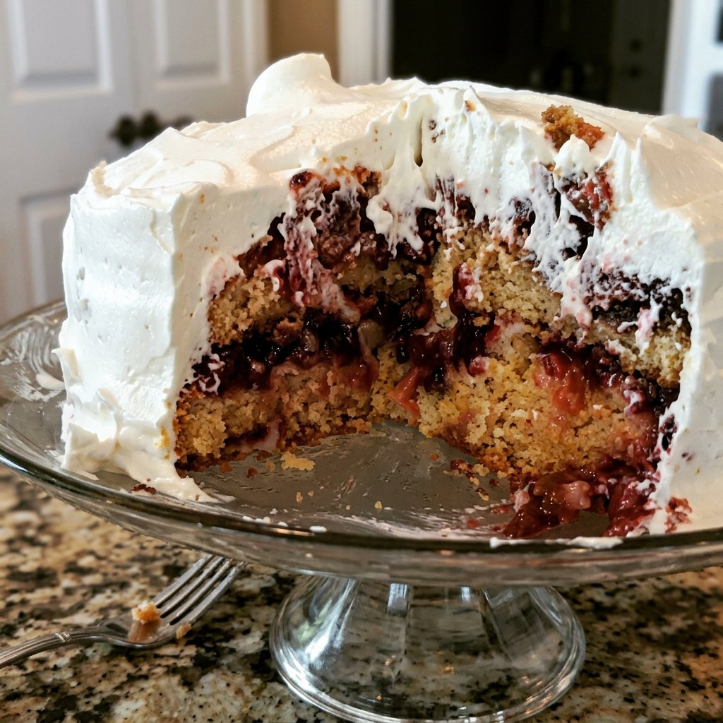 Fresh stalks of pink rhubarb and ripe red strawberries laid out on a weathered wooden cutting board.