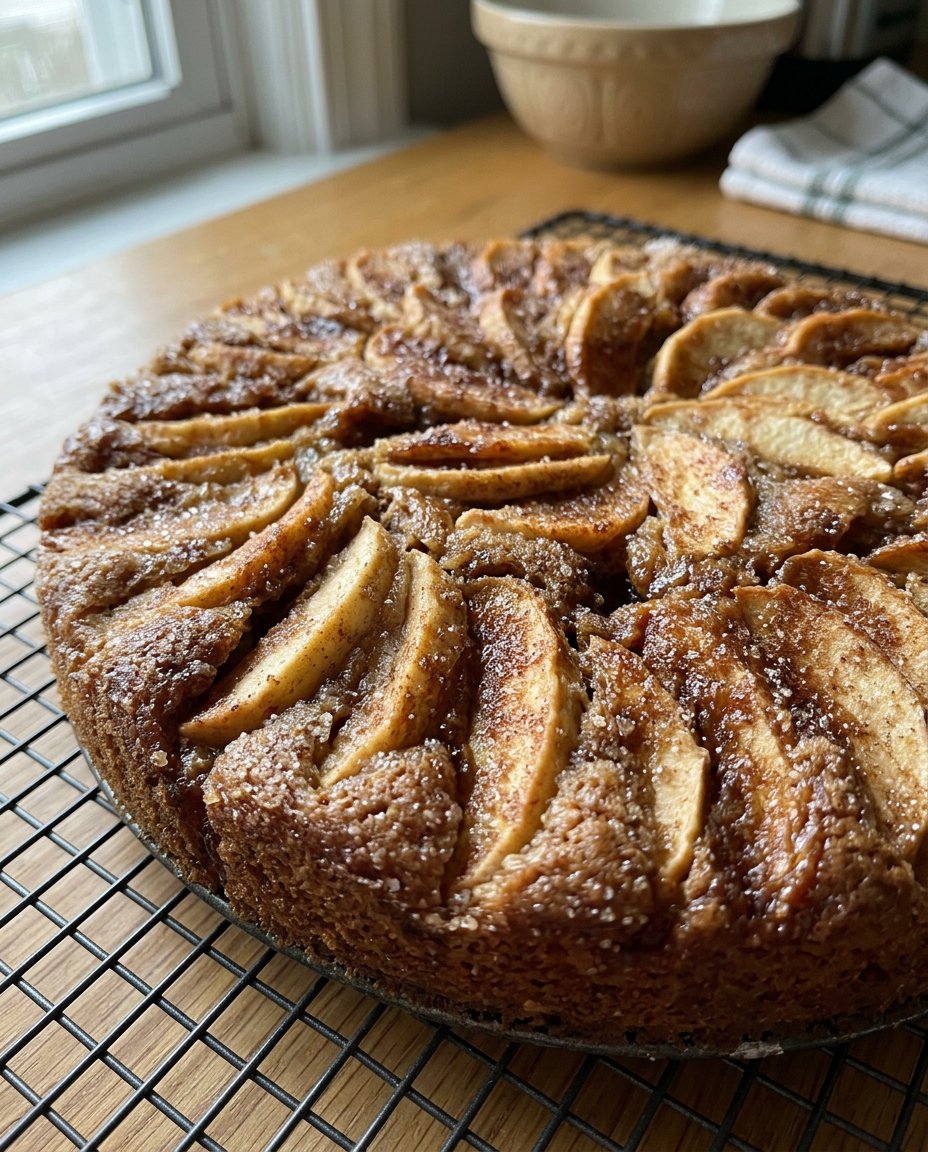 Apple Spice Cake 12 Thinly sliced green Granny Smith apples on a worn wooden cutting board