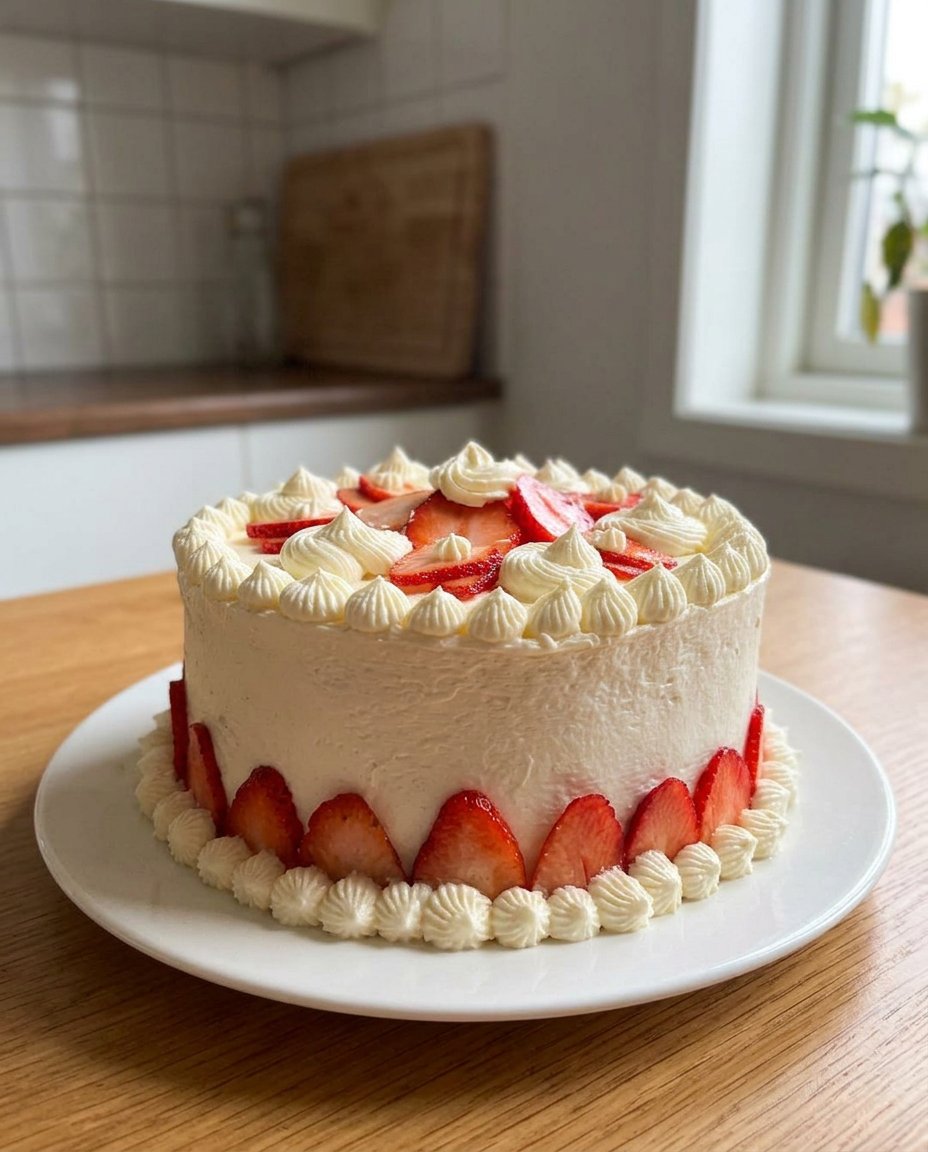 Strawberry Vanilla Cake 12 Bowls of fresh strawberries, farm eggs, flour, and a vintage glass bottle of vanilla extract on a wooden table.
