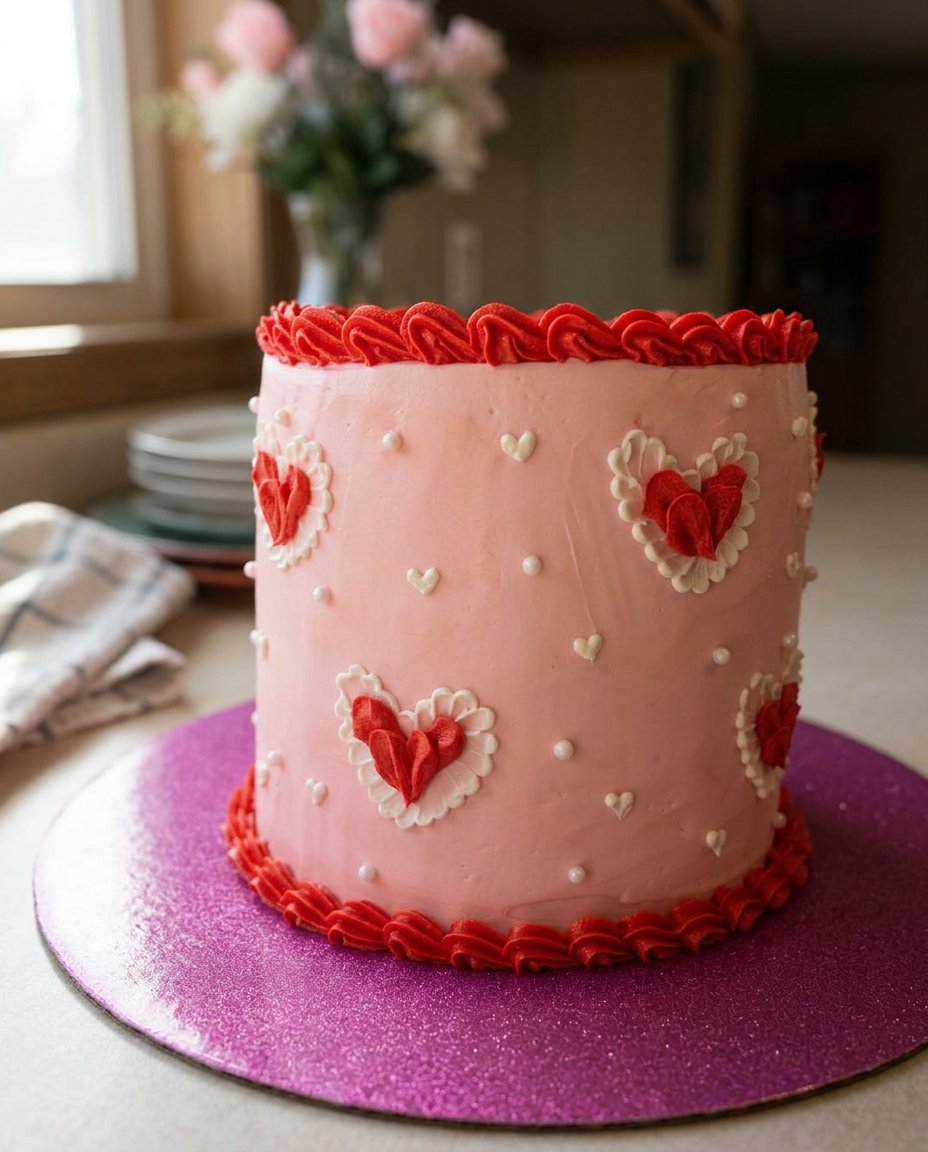 Valentines Day Cake 13 Piping pink frosting dollops on top of a cake