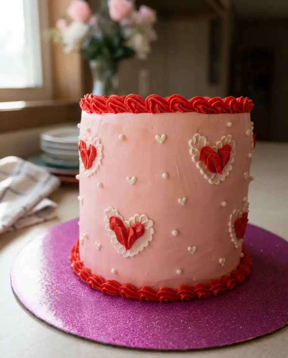 Piping pink frosting dollops on top of a cake