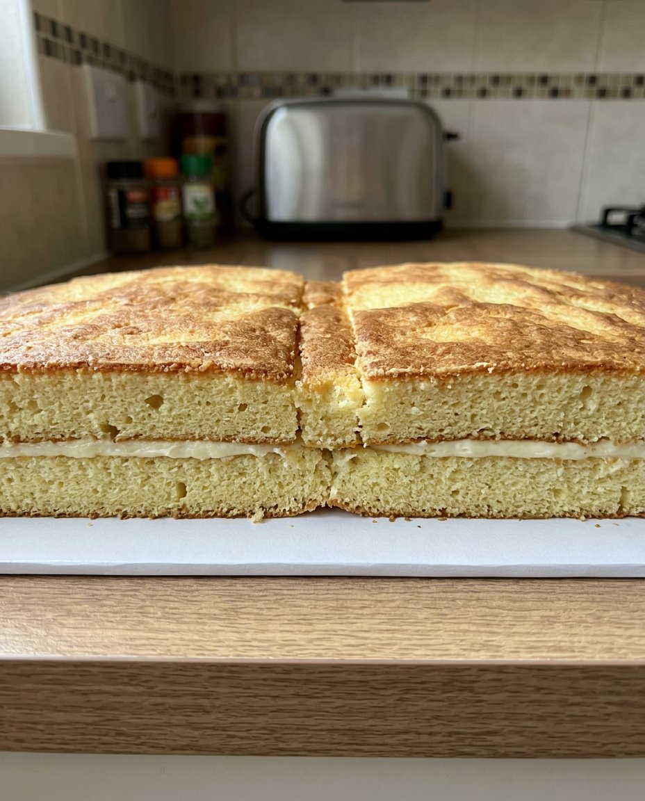 A hand using a spatula to smooth white frosting on a rectangular cake