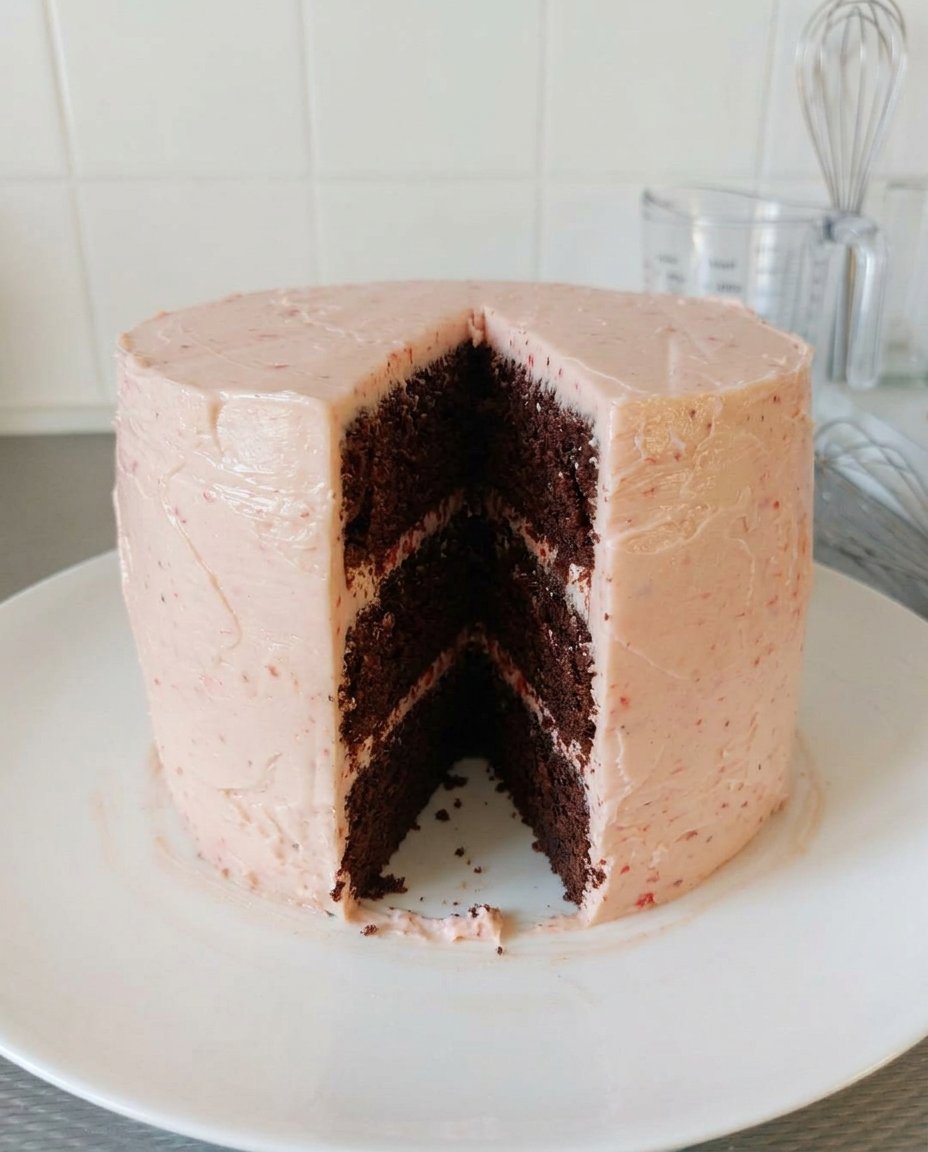 Strawberry Chocolate Cake 13 Spreading white chocolate frosting on a pink cake layer