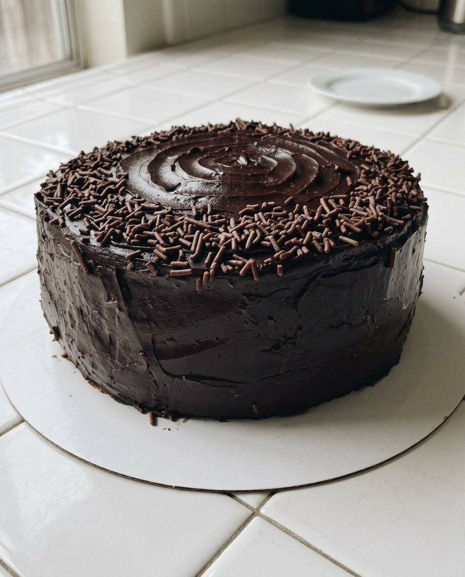 Swirling glossy chocolate fudge frosting on a cake