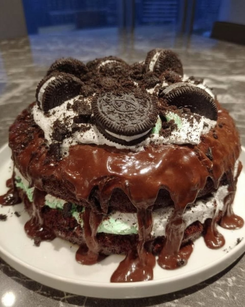 Oreo Cake 13 A close up of chocolate ganache being dripped down the side of an Oreo cake