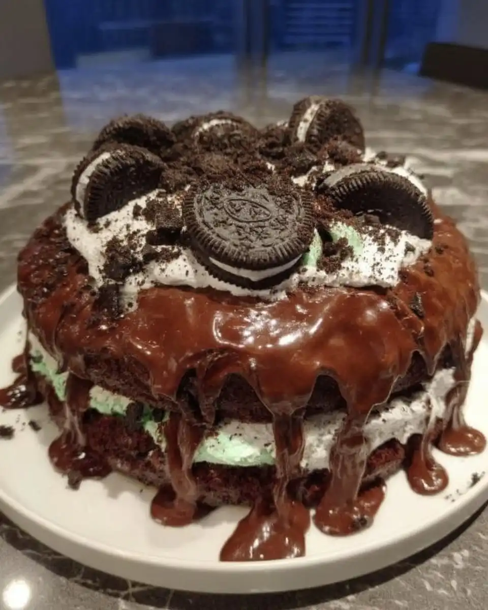 A close up of chocolate ganache being dripped down the side of an Oreo cake