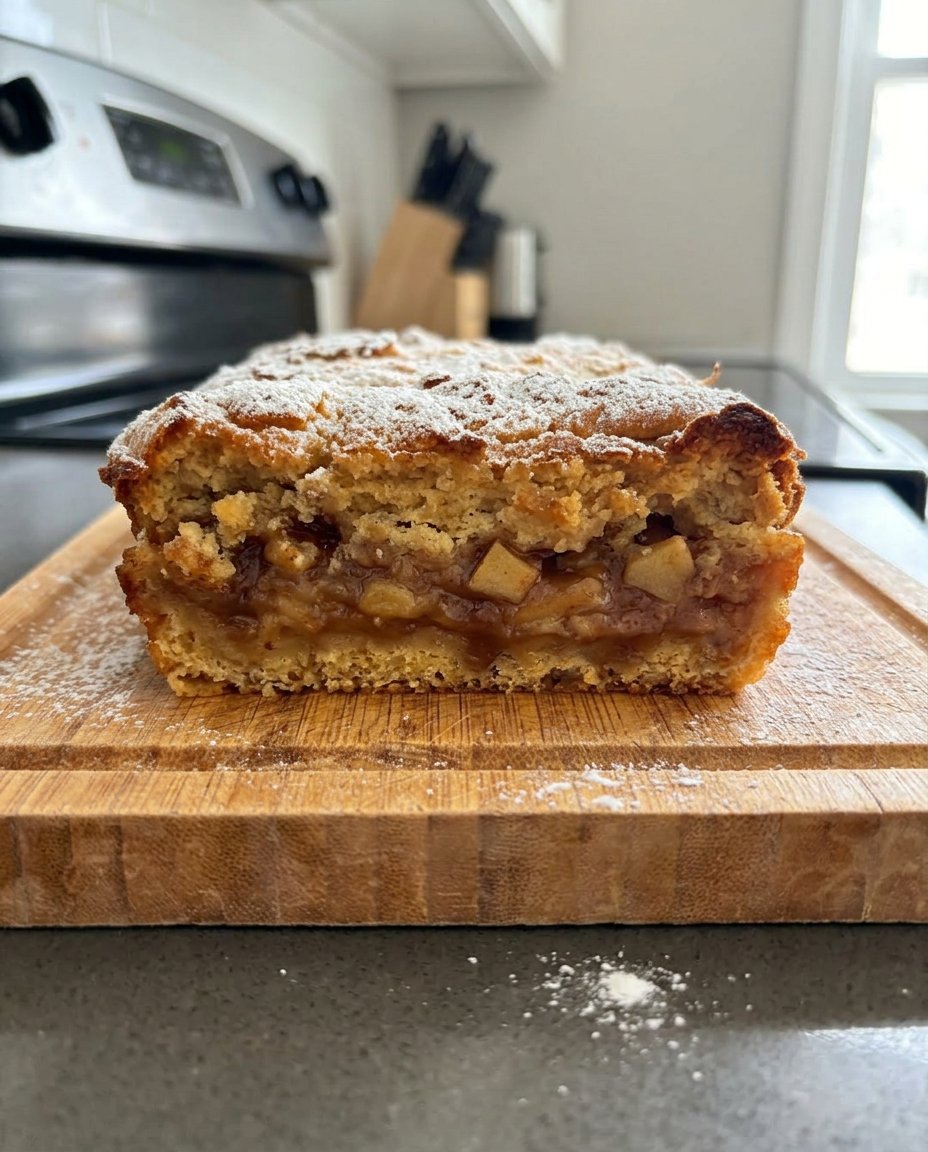 A golden brown apple dump cake fresh out of the oven in a glass baking dish