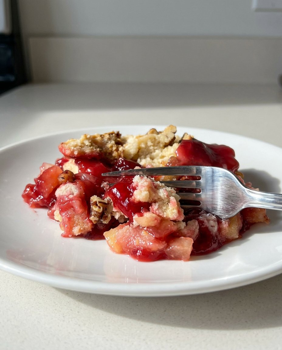 A close up view of the golden buttery crust of a cherry dump cake with pecans