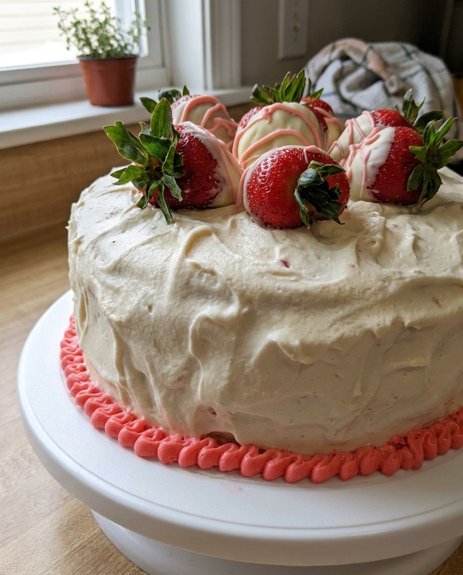 Close up of hands using a spatula to fold pink cake batter in a glass bowl.