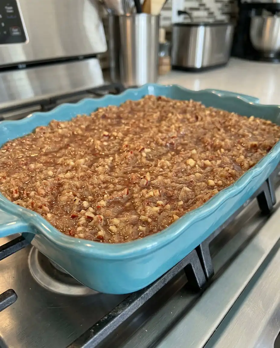 Oatmeal Cake 13 A hand stirring oatmeal batter in a vintage ceramic mixing bowl with a wooden spoon.