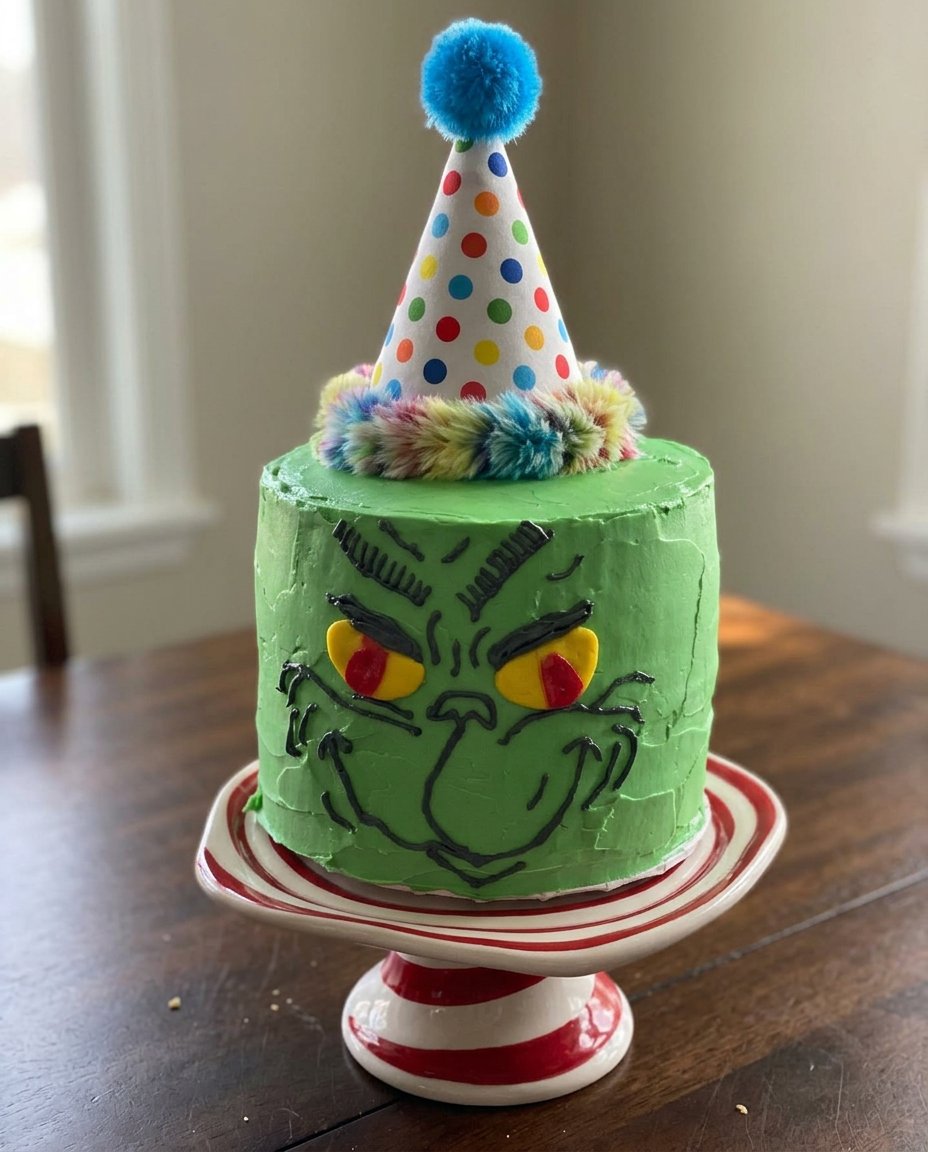 A sliced Grinch Cake revealing a perfect red heart motif inside the green sponge