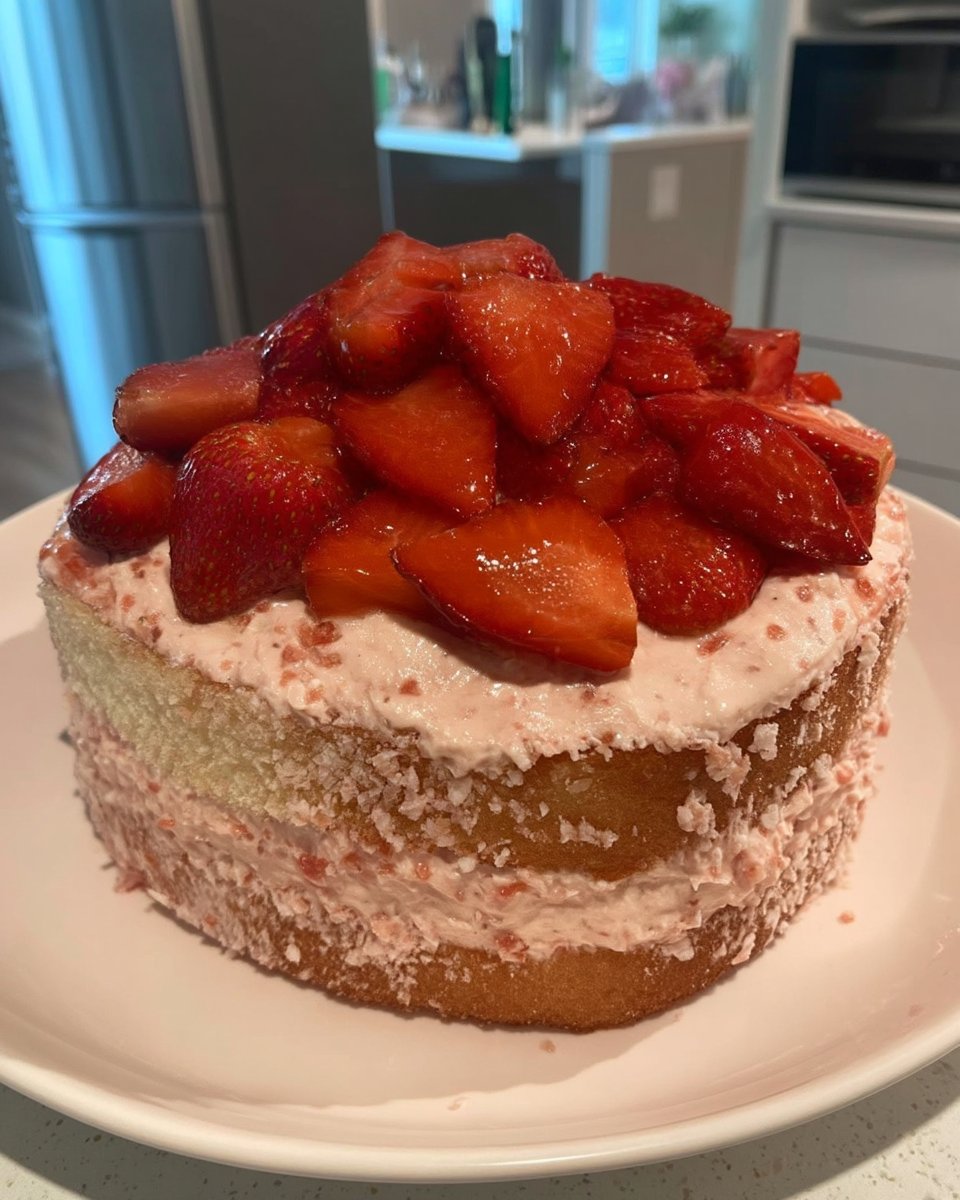 Strawberry Crunch Cake 2 13 A hand stirring vibrant pink strawberry cake batter in a glass bowl