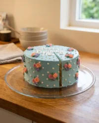 A 5 inch high cake with spatula painted white roses and green leaves on a white icing background