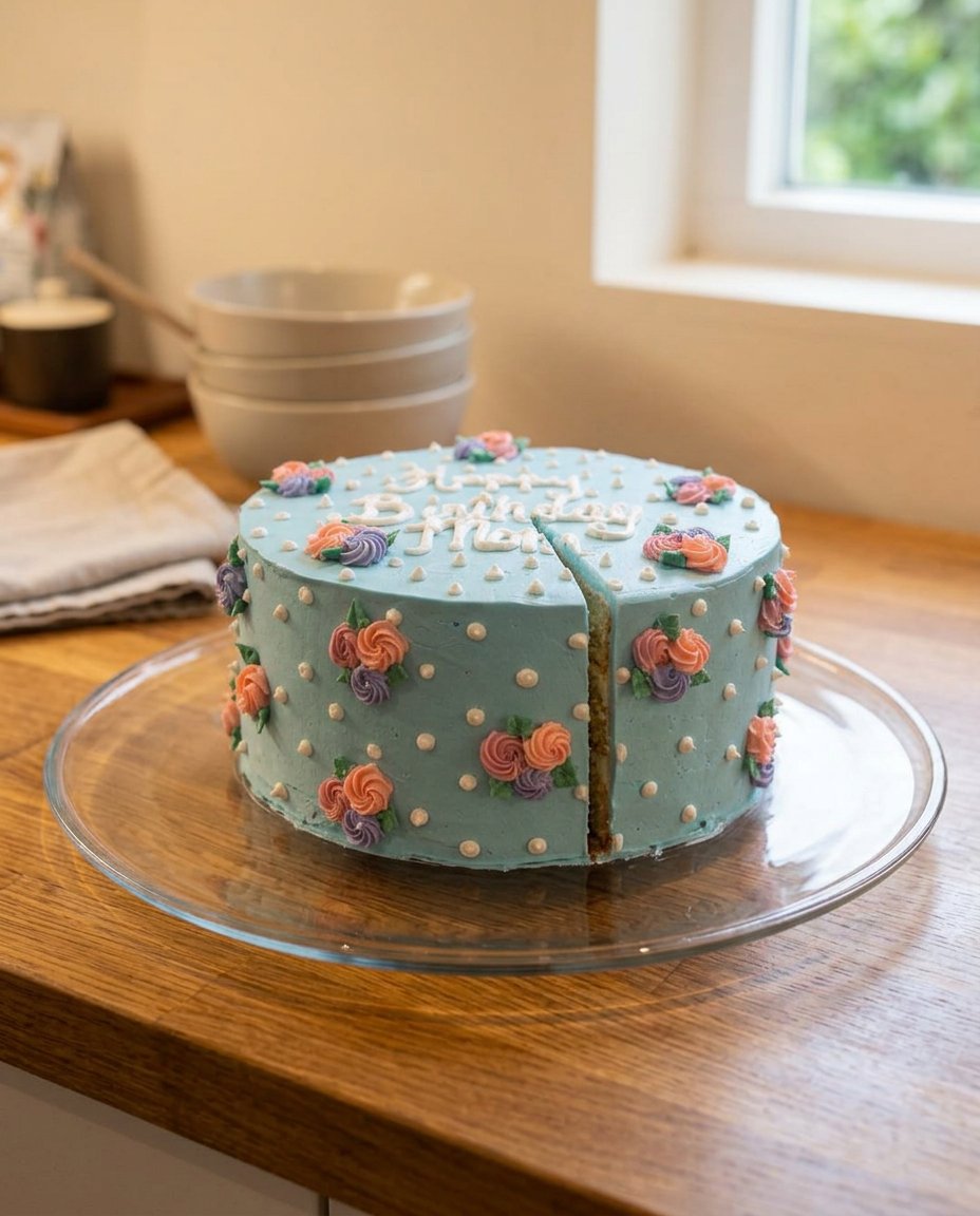 A 5 inch high cake with spatula painted white roses and green leaves on a white icing background