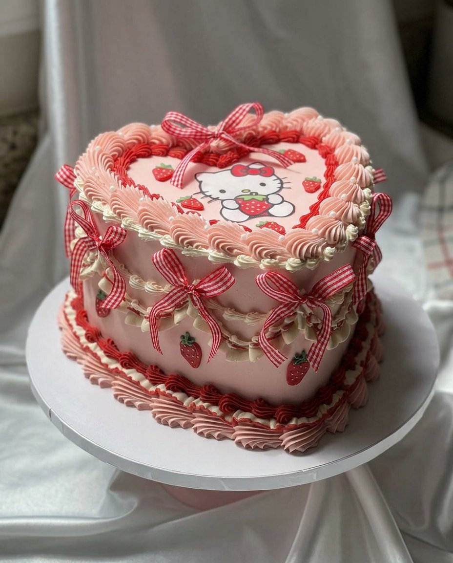 A close up of the sliced Hello Kitty cake showing the pink and white marbled strawberry sponge interior