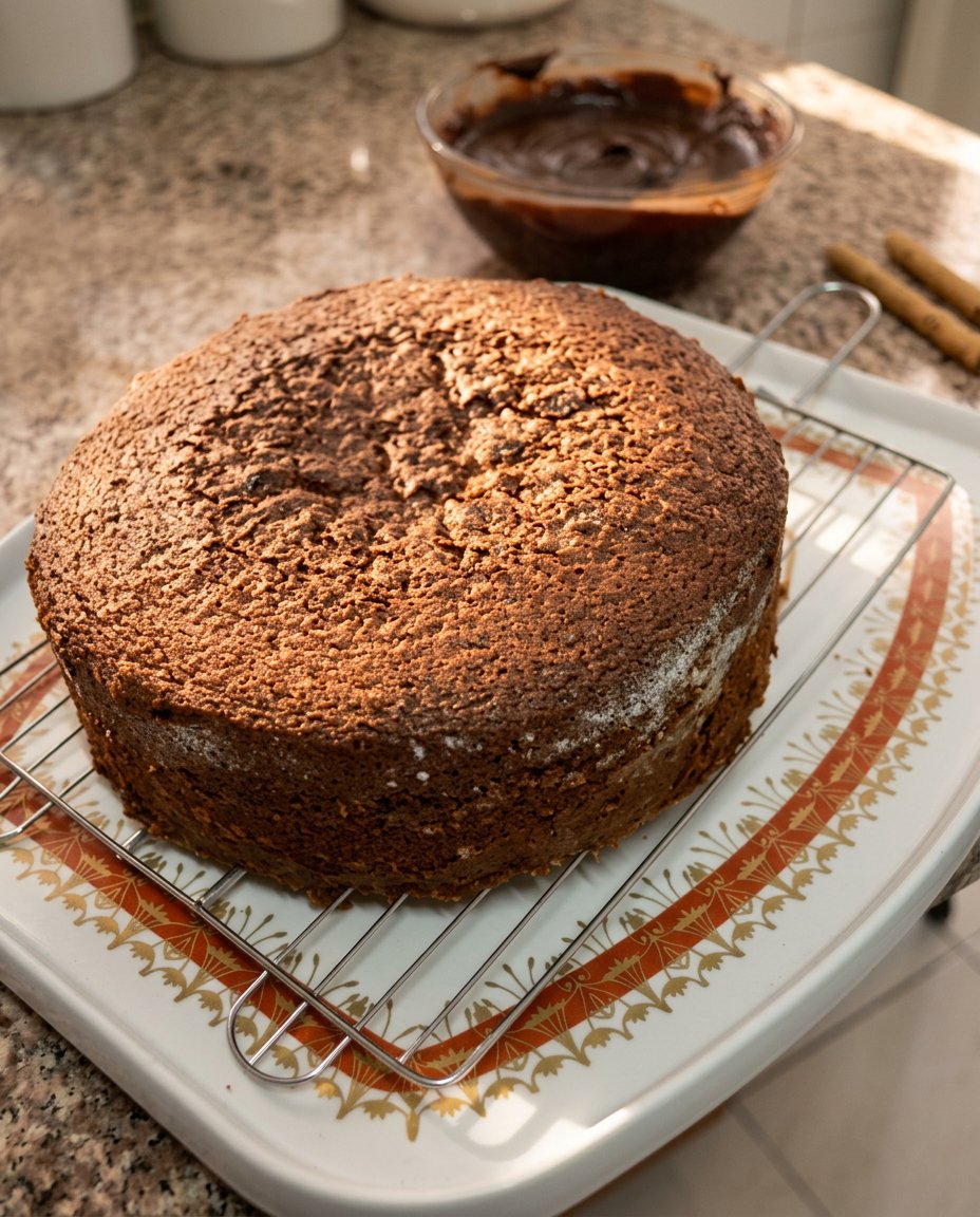 A single layer chocolate birthday cake with glossy ganache on a ceramic stand