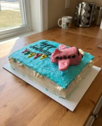 A close up shot of a golden brown rectangle cake with chocolate chips and vanilla buttercream