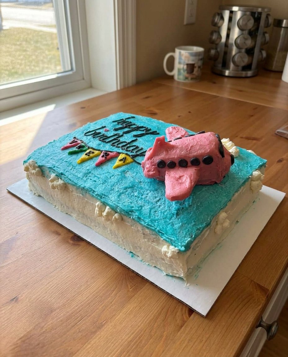 A close up shot of a golden brown rectangle cake with chocolate chips and vanilla buttercream