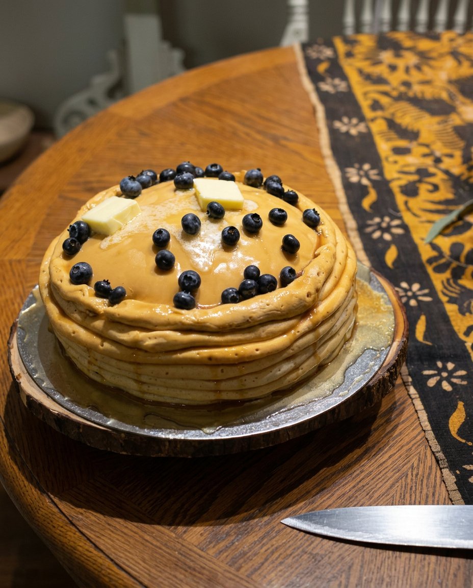 A hyperrealistic cake made to look like a stack of pancakes with maple syrup and blueberries